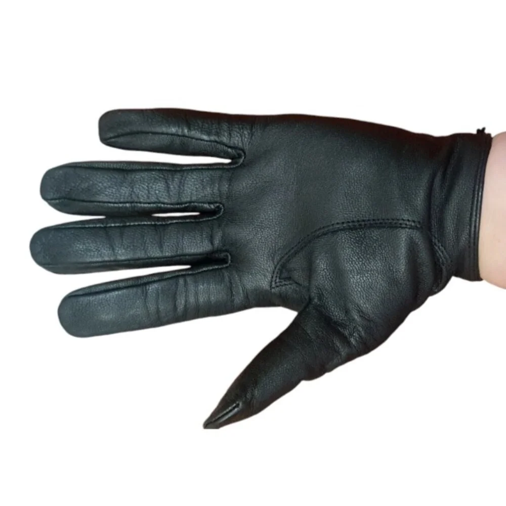 Vintage - Ladies Women's Black Genuine Leather Gloves Size Large Xs Front Strap